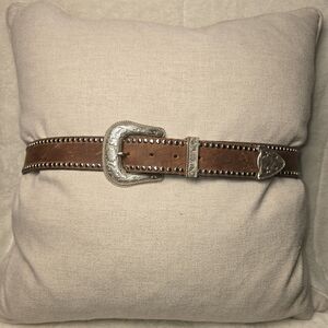ANOTHER LINE INC BROWN LEATHER STUDDED BELT ORANATE SILVER BUCKLE UNISEX  38